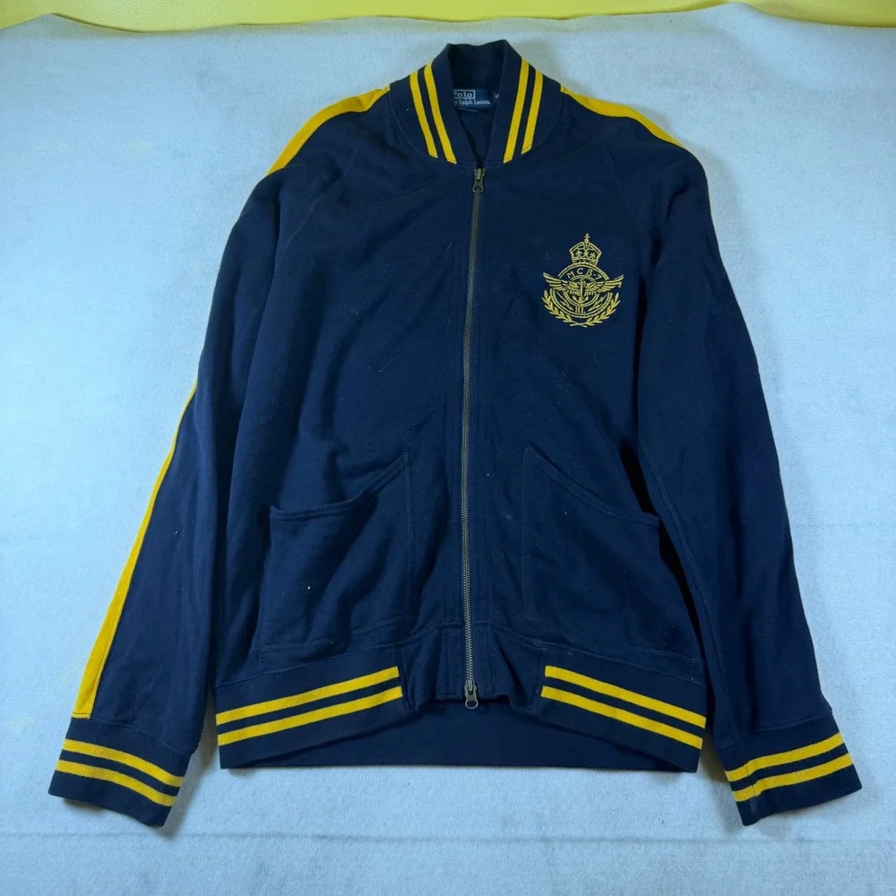 Polo Ralph Lauren Mens Navy‎ Blue Yellow Crest Full Zip Track Jacket Medium